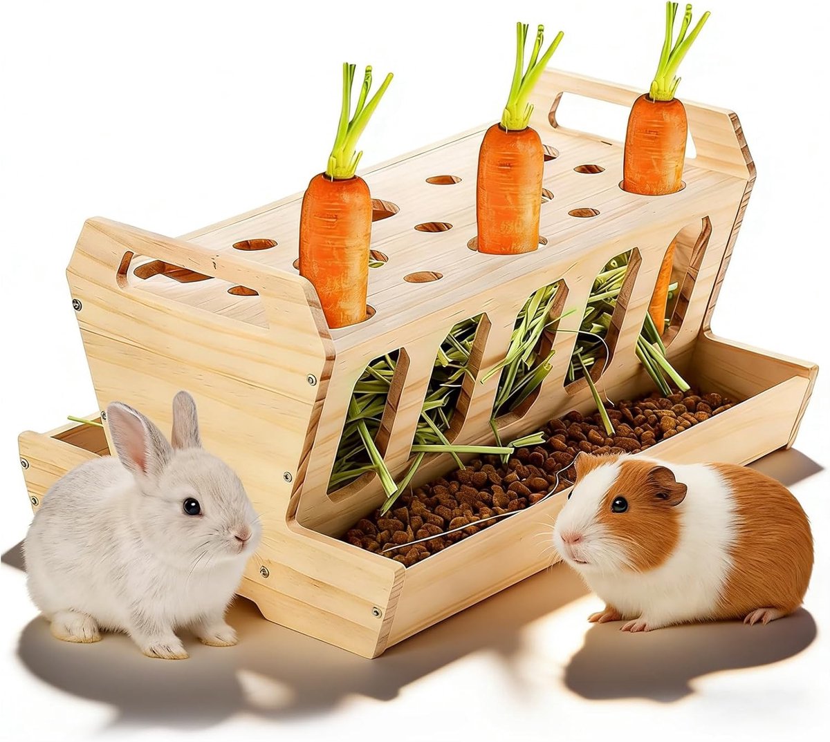 Grote hooirup voor konijnen en cavia's van onbehandeld natuurlijk hout, 30 × 22 × 18 cm, ideale voederoplossing voor knaagdieren, hamsters en hazen met wortelhouder en veilige materialen