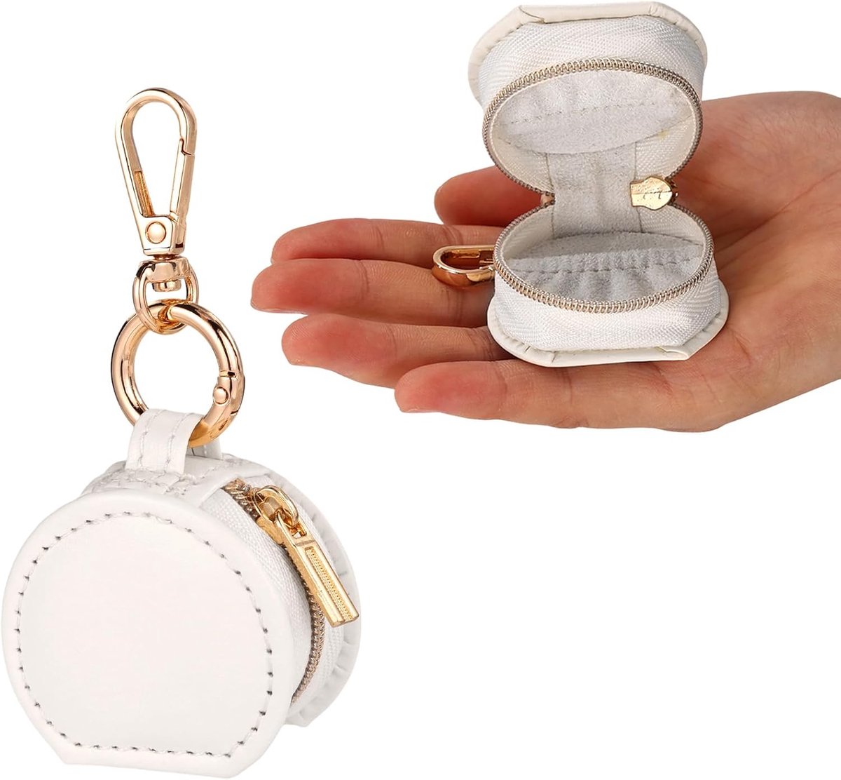 SnelShoppen - Draagbare Ringdoos met Sleutelhanger - Wit PU-materiaal - Reisringhouder voor Ringen, Oorbellen, Kettingen en Sieraden - Perfect voor Fe