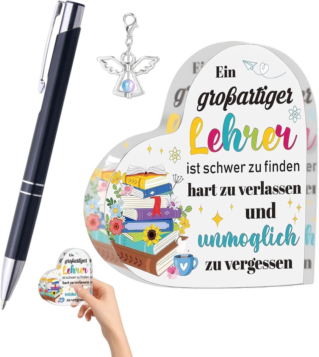 SnelShoppen - Leraar Waardering Geschenken Set - Hartvormige Acryl Decoratie, Bedank Pen, Engel Sleutelhanger & Bedank Kaart voor Afscheid, Bedankjes,