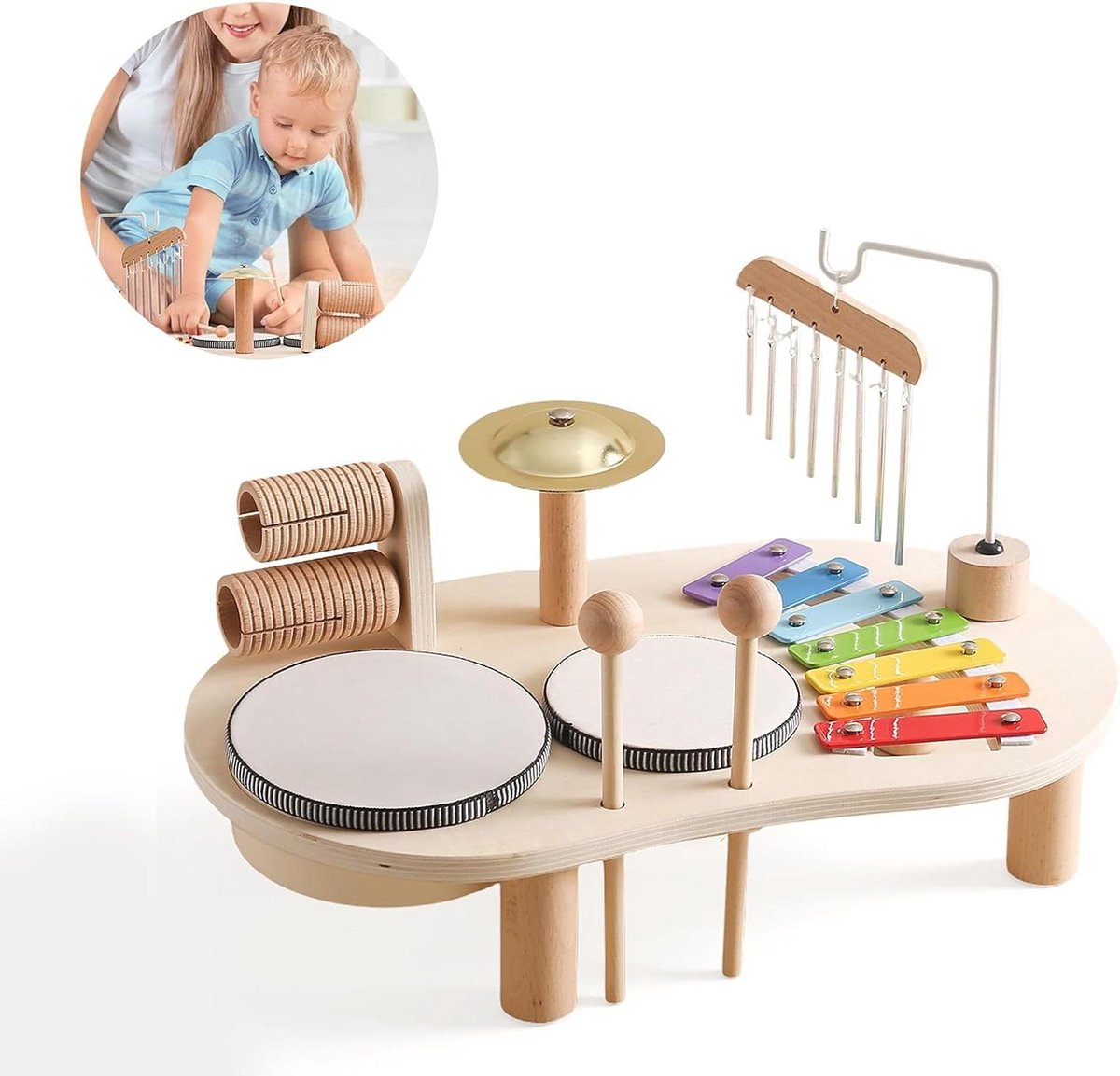 Babydrum set - Muziekinstrumenten peuter - Muziek ontdekken - 7-in-1 educatief speelgoed - 41 cm lengte - Houtkleur