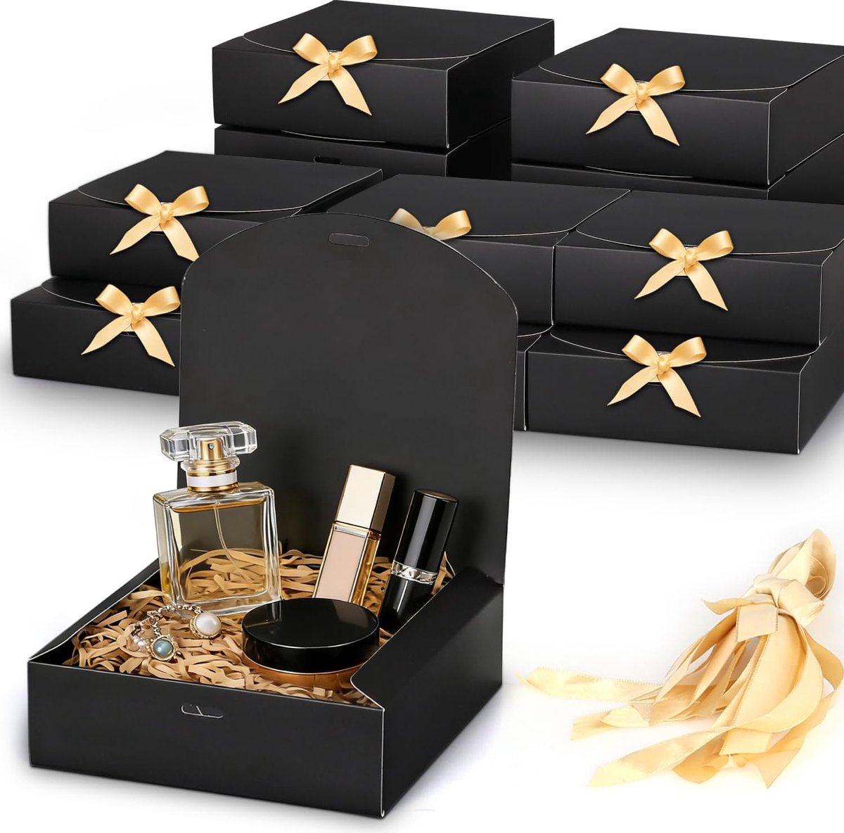 SnelShoppen - Geschenkdoos met deksel 12 stuks, 16,5 x 16,5 x 5 cm, zwart, geschenkverpakking met linten voor bruiloft, feestdagen, verjaardag en Kers
