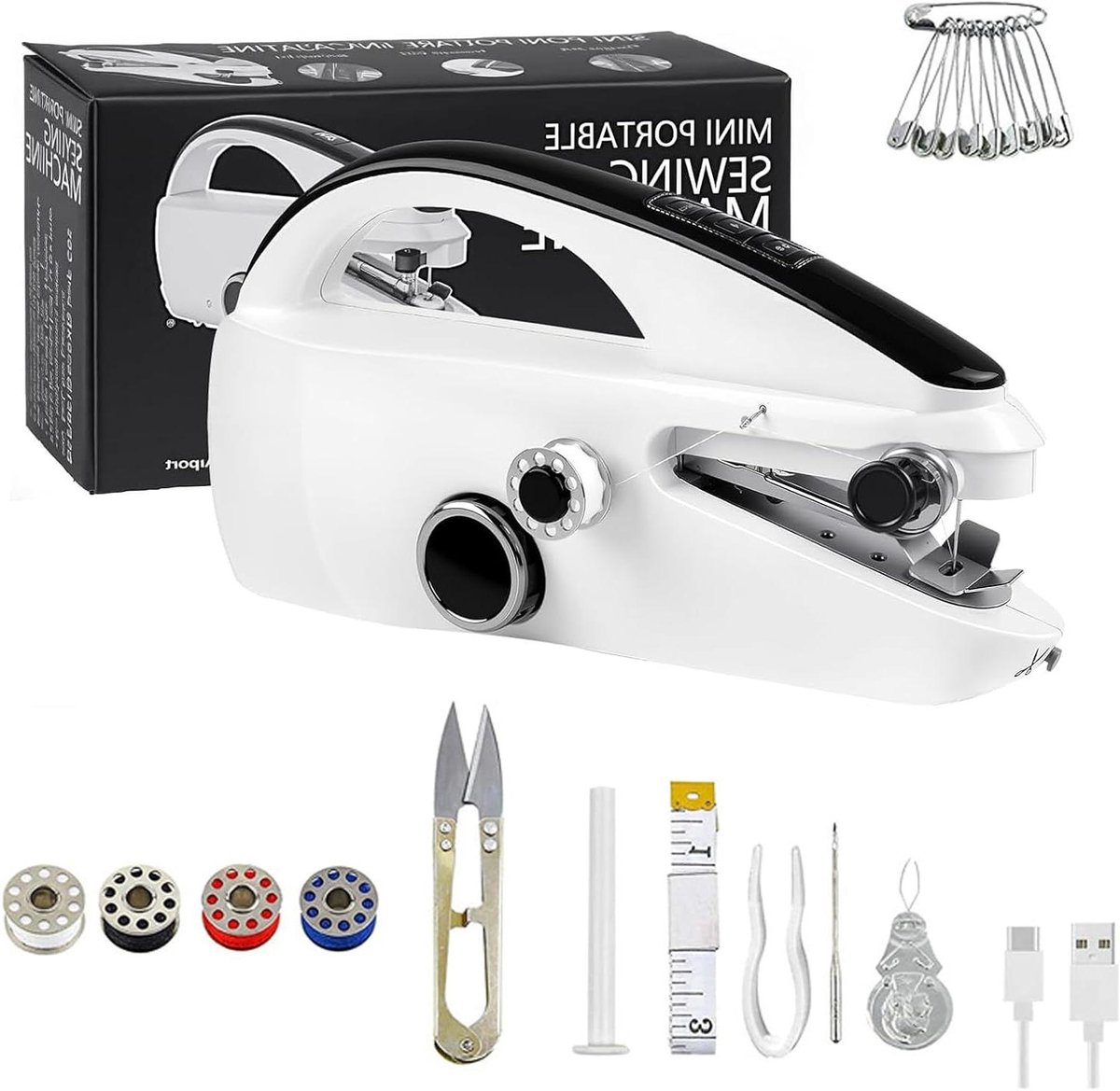 Handnaaimachine - Mini naaiapparaat - Snelle reparaties - Dubbele aandrijving - 22x6x12 cm - Zwart-wit