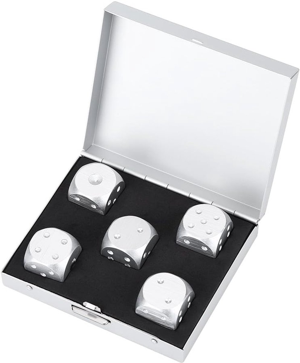 SnelShoppen - 5 Stuks Speelstenen 6-zijdige Dobbelstenen Set met Luxe Opbergdoos - Aluminium Legering, Roestvrij, Duurzaam, Perfect voor Spellen, Fees
