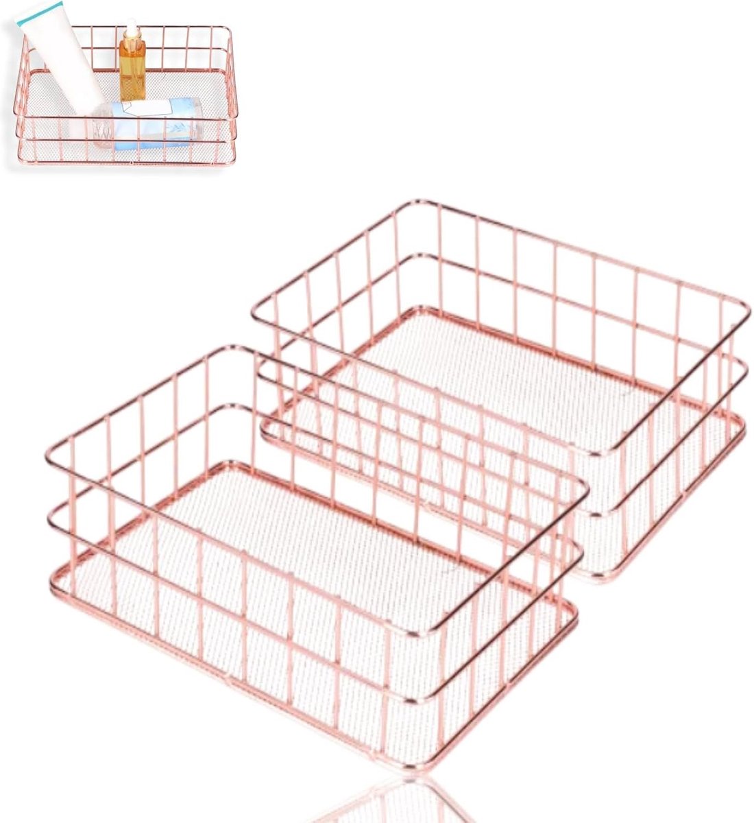 SnelShoppen - 2 Stuks Metalen Draad Opbergmanden, Make-up Organizer Roségoud Bureau Organizer voor Thuis en Kantoor (Groot)