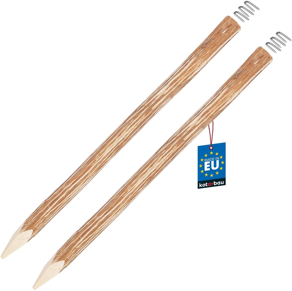KOTARBAU® 2 Stuks - Hazelaar Hekpalen - Palissade Tuinafscheiding Ø 6 cm x 90 cm - Geslepen Houten Palen - Batuurlijk Rond Hekpaal - Hekpalen Hazelaarhout - met U-krammen