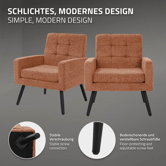 Twee oranje fauteuils met armleuningen, capitonnering en zwarte poten. Details van de schroefverbinding en vloerbeschermende voetjes.