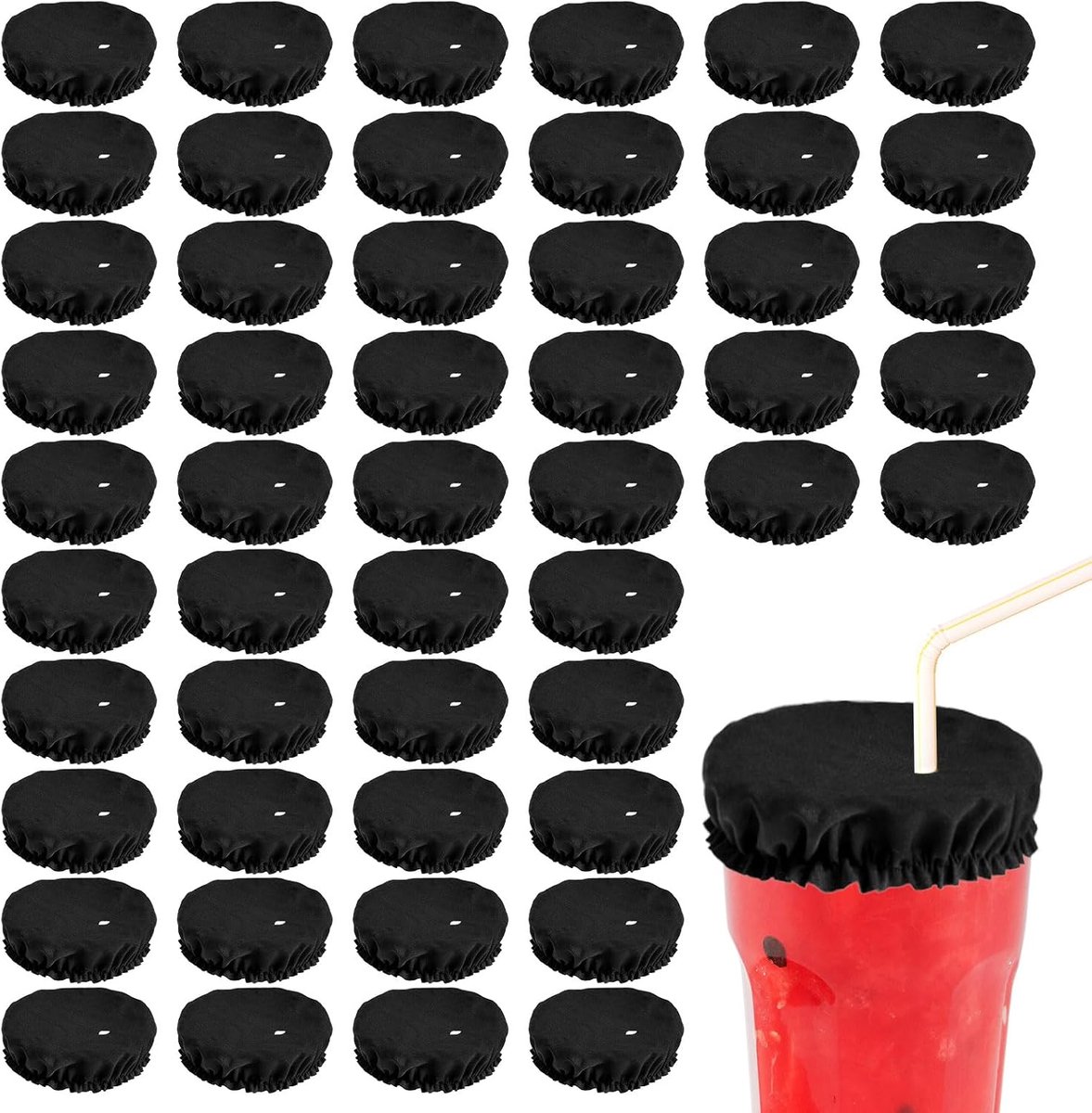 SnelShoppen - 50 Stuks Drinkdeksels - Polyester Elastisch Rekbaar en Wasbaar - Beschermaccessoires voor Rietjes - Geschikt voor Meeste Bekers - Feest,
