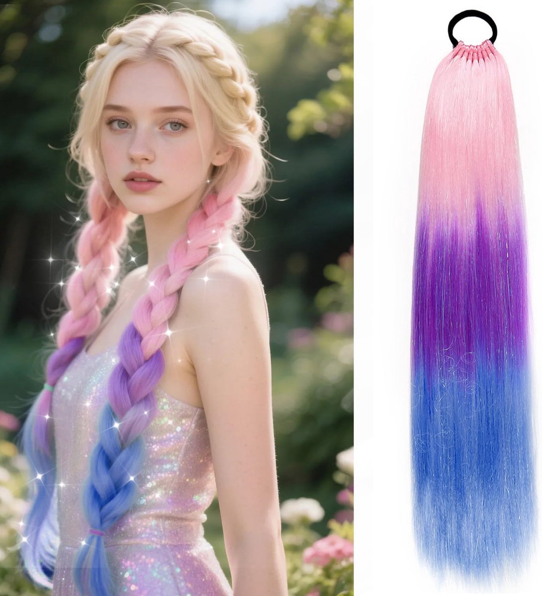 Braiding Ponytail Extensions, 26 Inch Colored Ombre Synthetic Hair with Hair Bow, Festival Party Hairpiece (X39) - ShopVlot