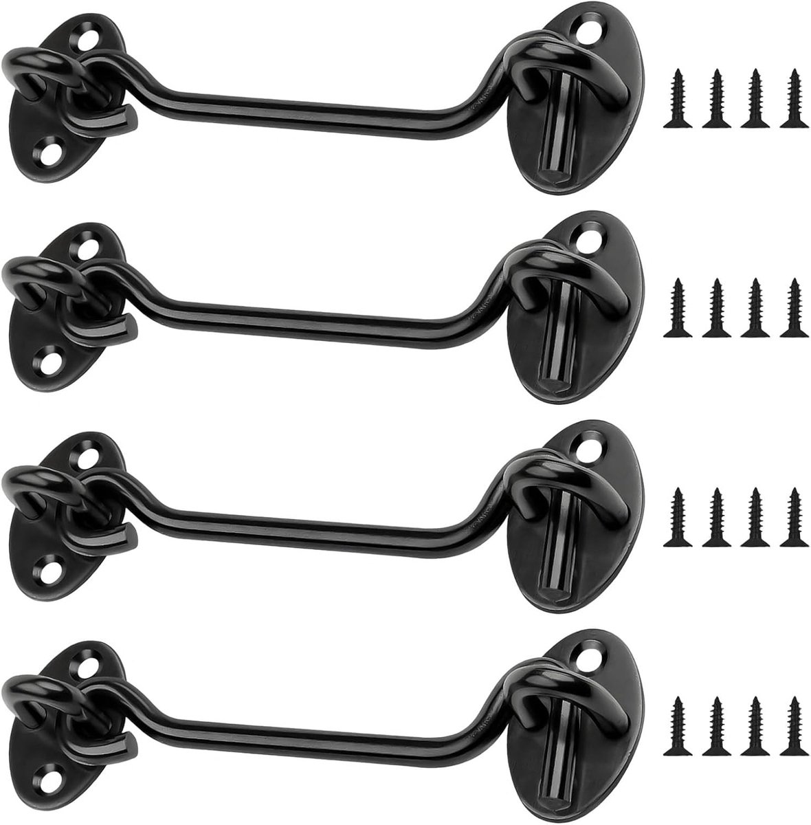 SnelShoppen - 4 inch stormhaken met oog, 4 stuks deurvergrendelaars, 201 roestvrijstalen deurhaken, zwarte stormhaken, inclusief 16 schroeven, ideaal