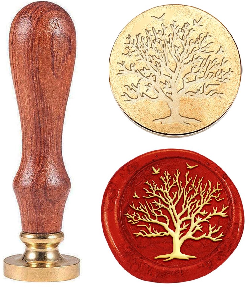 SnelShoppen - Waszegelstempel met Bladloze Boom en Vliegenvogels, Verwisselbare Enveloppen, Houten Handvat en Messing Kop voor Cadeaupapier, Verjaarda