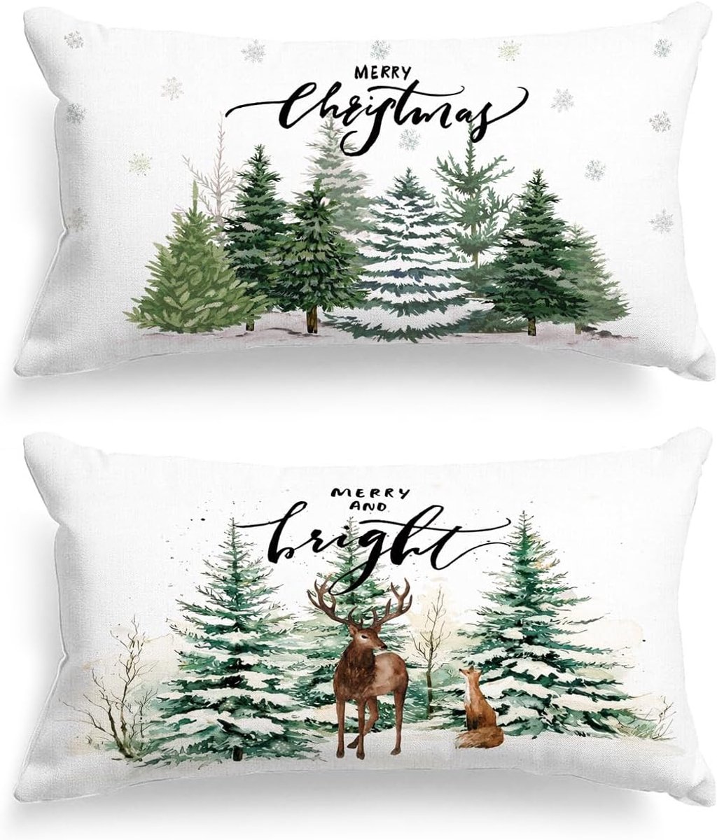 SnelShoppen - Set van 2 Christmas Kussenhoezen 16x36, Witte Bos Decoratieve Long Kussenhoezen, Luxe Polyester, Geschikt voor Feestdagen, Kindvriendeli