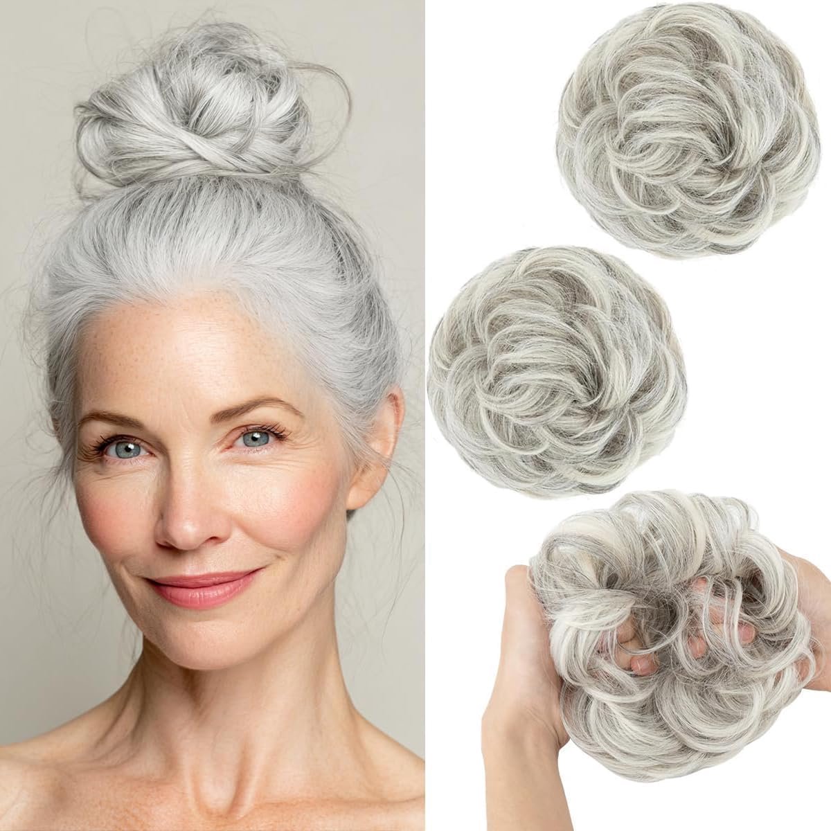 SnelShoppen - 2 Stuks Haarstuk met Elastische Band Grote Messy Bun Haarstukjes Krullend Haar Elastische Haarextensions voor Vrouwen en Meisjes (Platin
