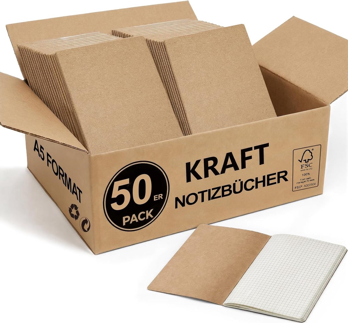 Set of 50 Kraft Notebooks A5, 60 Pages Checkered, 21 x 14 cm, Kraft Cover Bulk Pack, School and Office - ShopVlot