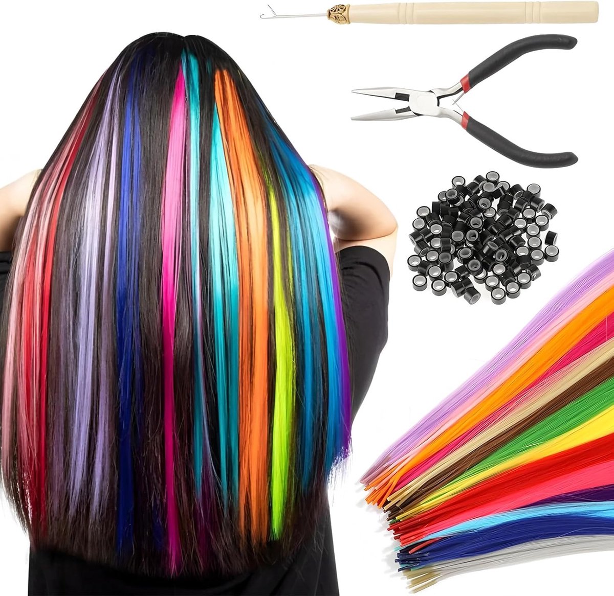 SnelShoppen - Haar Extensions 50 cm - Kleurrijke Haaraccessoires voor Vlechten - Recht, Gekleurd, DIY voor Meisjes en Vrouwen - 50 Stuks Haarringetjes