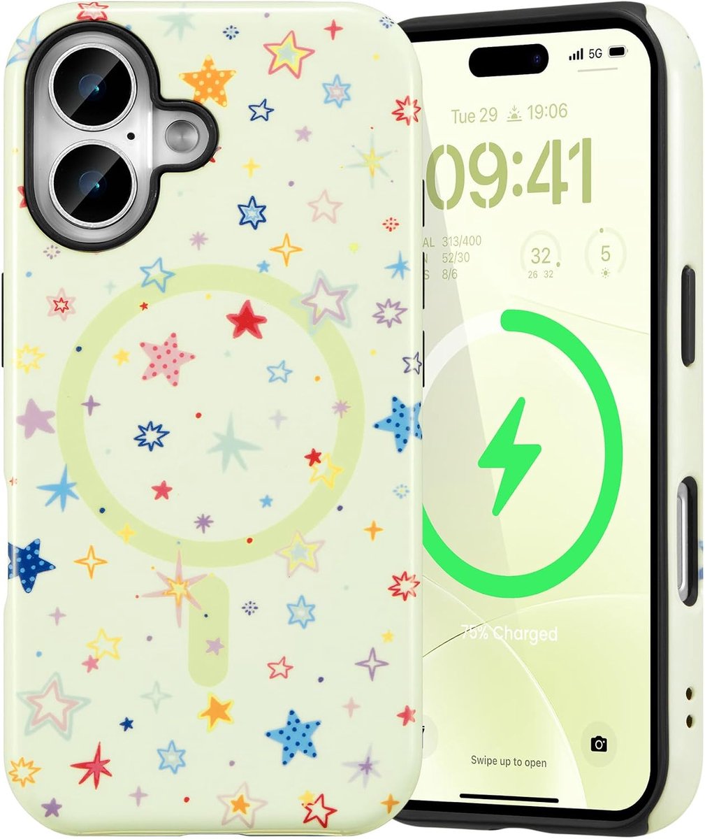 SnelShoppen - iPhone 16 Hoesje, Magnetische Telefoonhoes, Schattig Vrouwen TPU Beschermhoes met Witte/Zwarte Vlekken, Draagbaar en Geschikt voor Draad