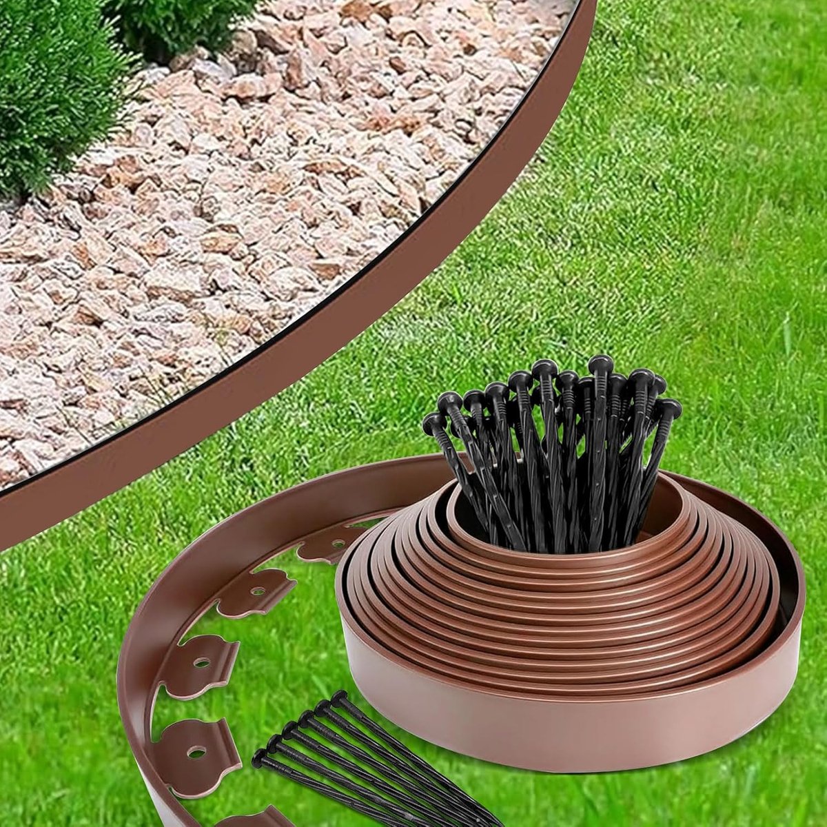 SnelShoppen - Flexibele Plastic Tuinrand 10 m x 10 cm - Bloembedrand, Maaigrens met 50 Grondankers + 1 Paar Handschoenen (Bruin)