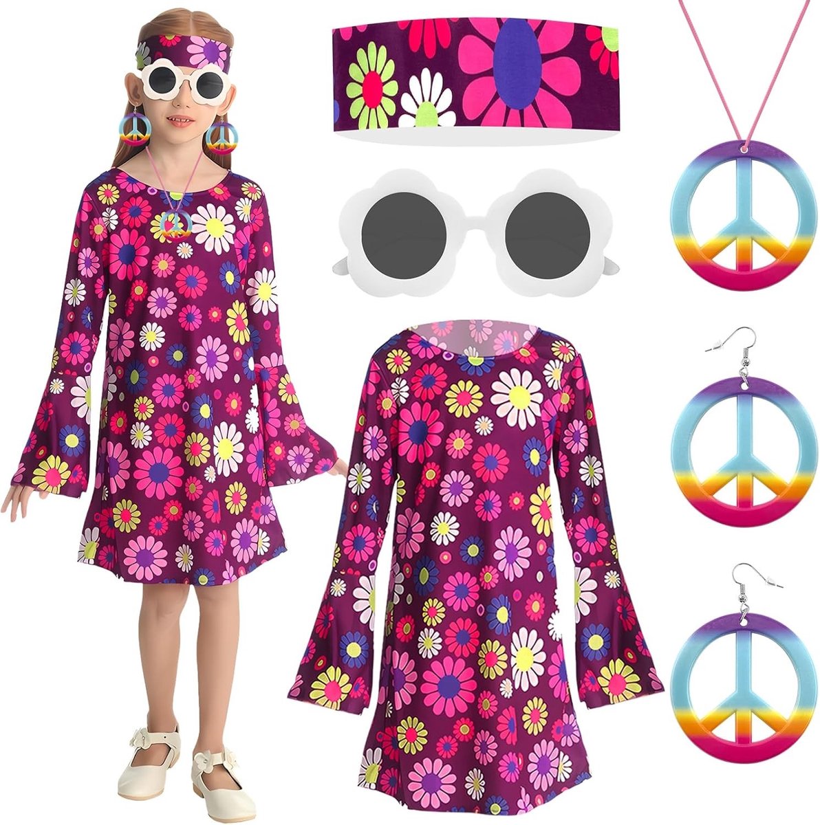 Meisjes Hippie Kostuum met Bloemenprint, 70s Outfit voor Carnaval en Themapartijen, Retro Rolspel Kostuum