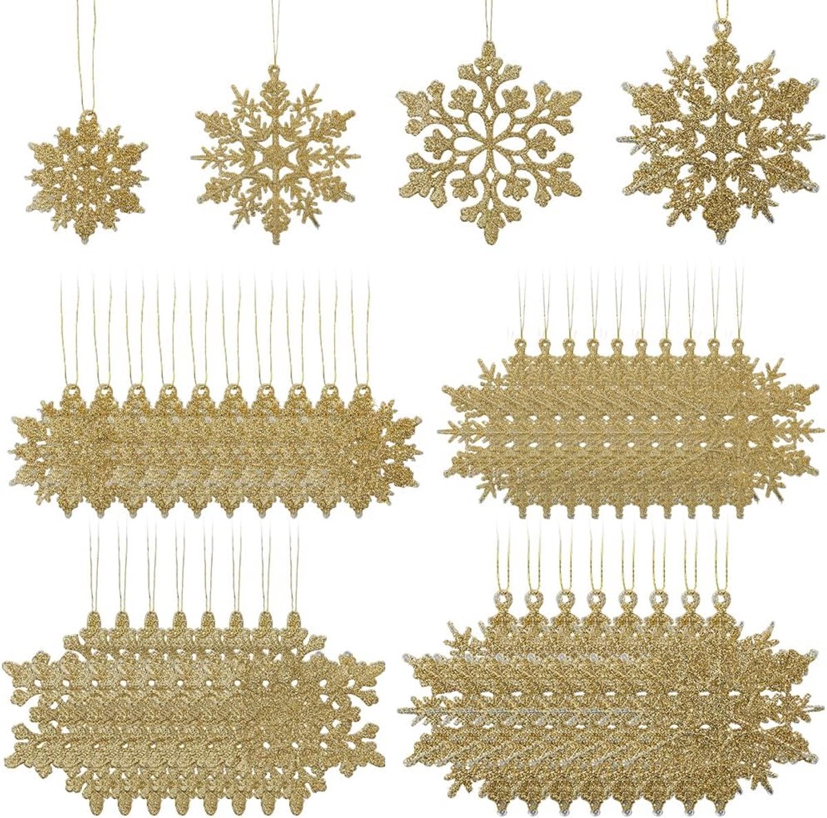 SnelShoppen - 36Pcs Glitterende Gouden Sneeuwvlok Ornamenten Kerstdecoratie - Plastic Hangende Sneeuwvlokken voor Kerstboom - Binnen Buiten Feest Vers