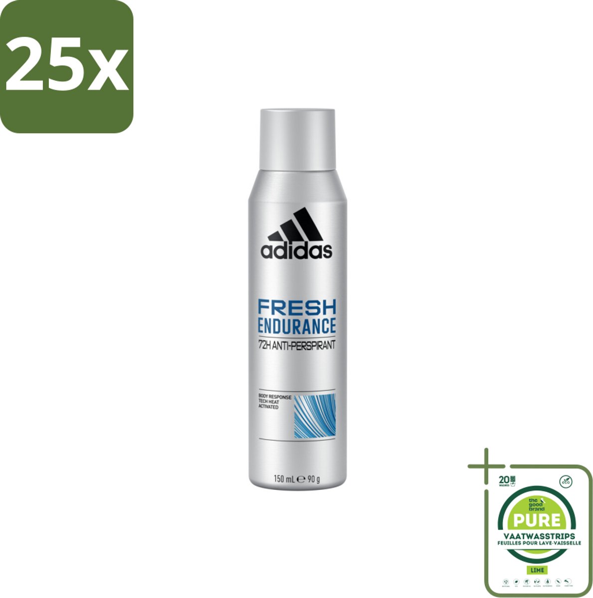 25 x Adidas – Deodorant Spray – Fresh Endurance – 150 ml - Grootverpakking - 72 Uur Bescherming - Zweetbehandeling - Anti-transpirant - Frisheid - Geur