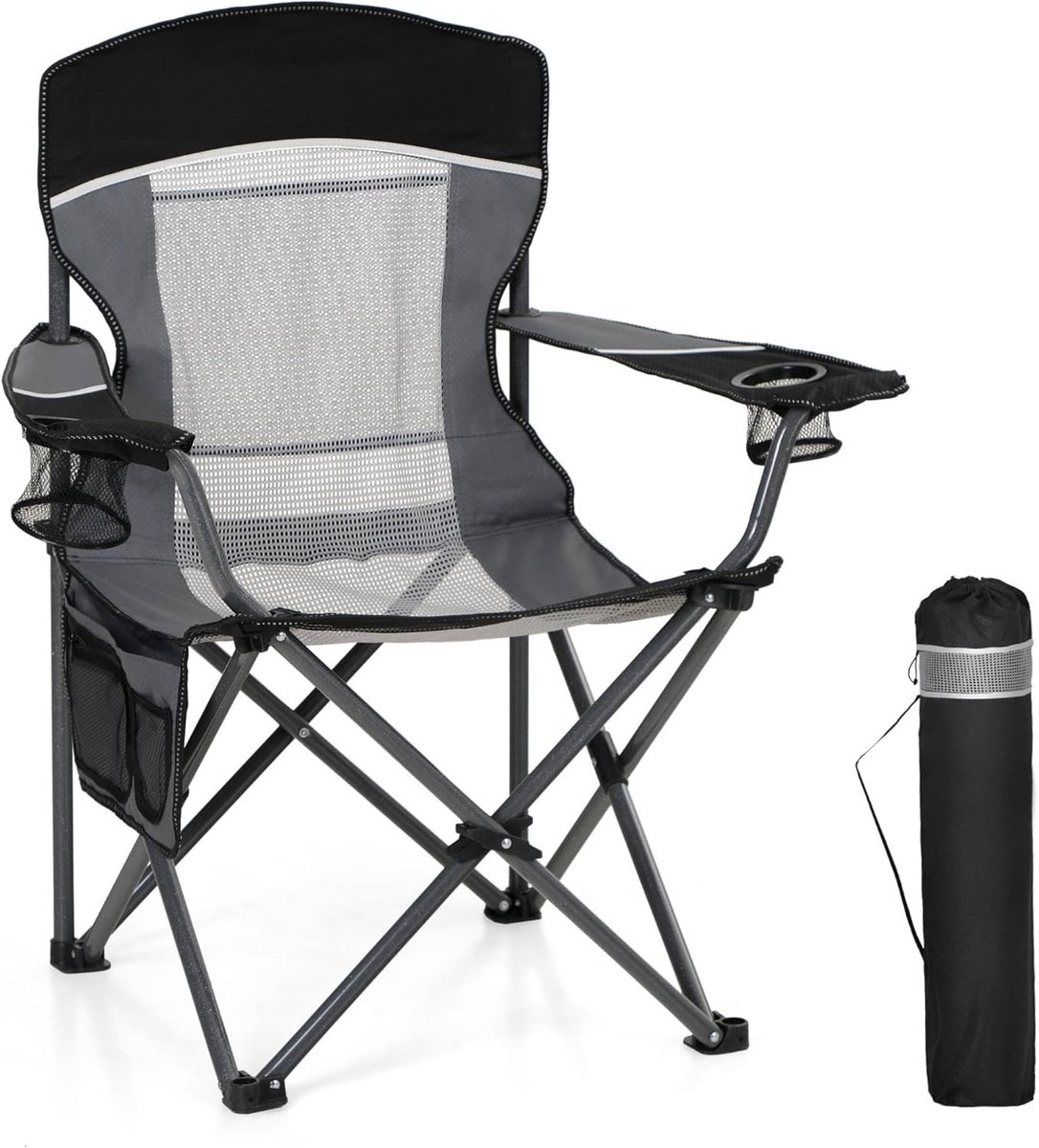 Campingstoel - Zwart - 86 x 56 x 103 cm - Inklapbare Draagbare Stoel met Bekerhouder - Voor Buitenactiviteiten
