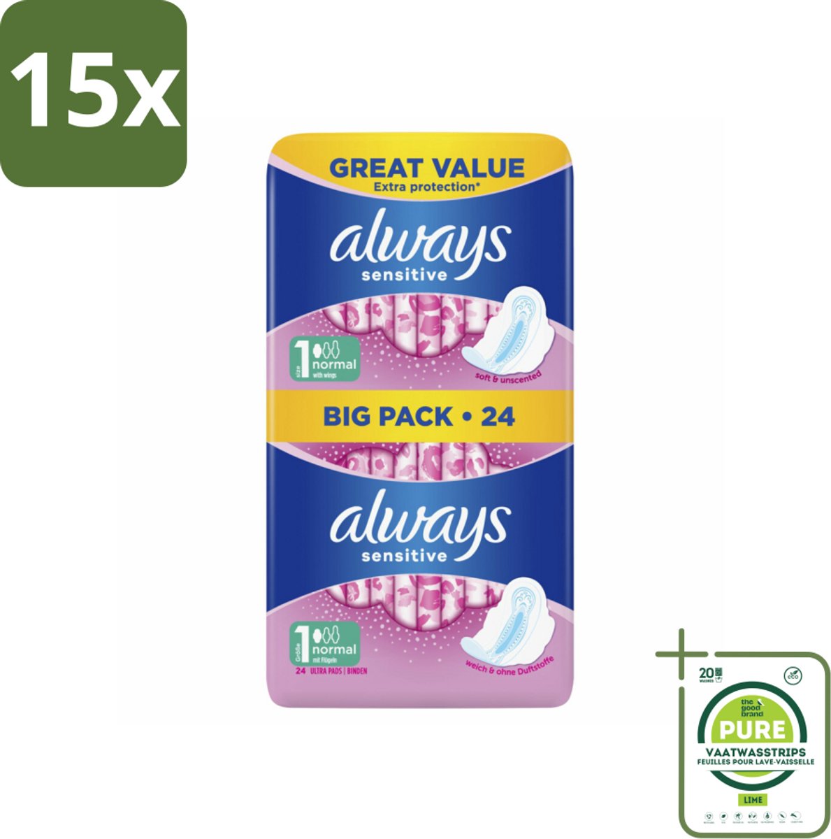 15 x Always - Maandverband - Normal - 24 Maandverband - Grootverpakking - Maandverband - Maandverband Met Vleugels - Always Sensitive - Gevoelige Huid - Lichte Menstruatie