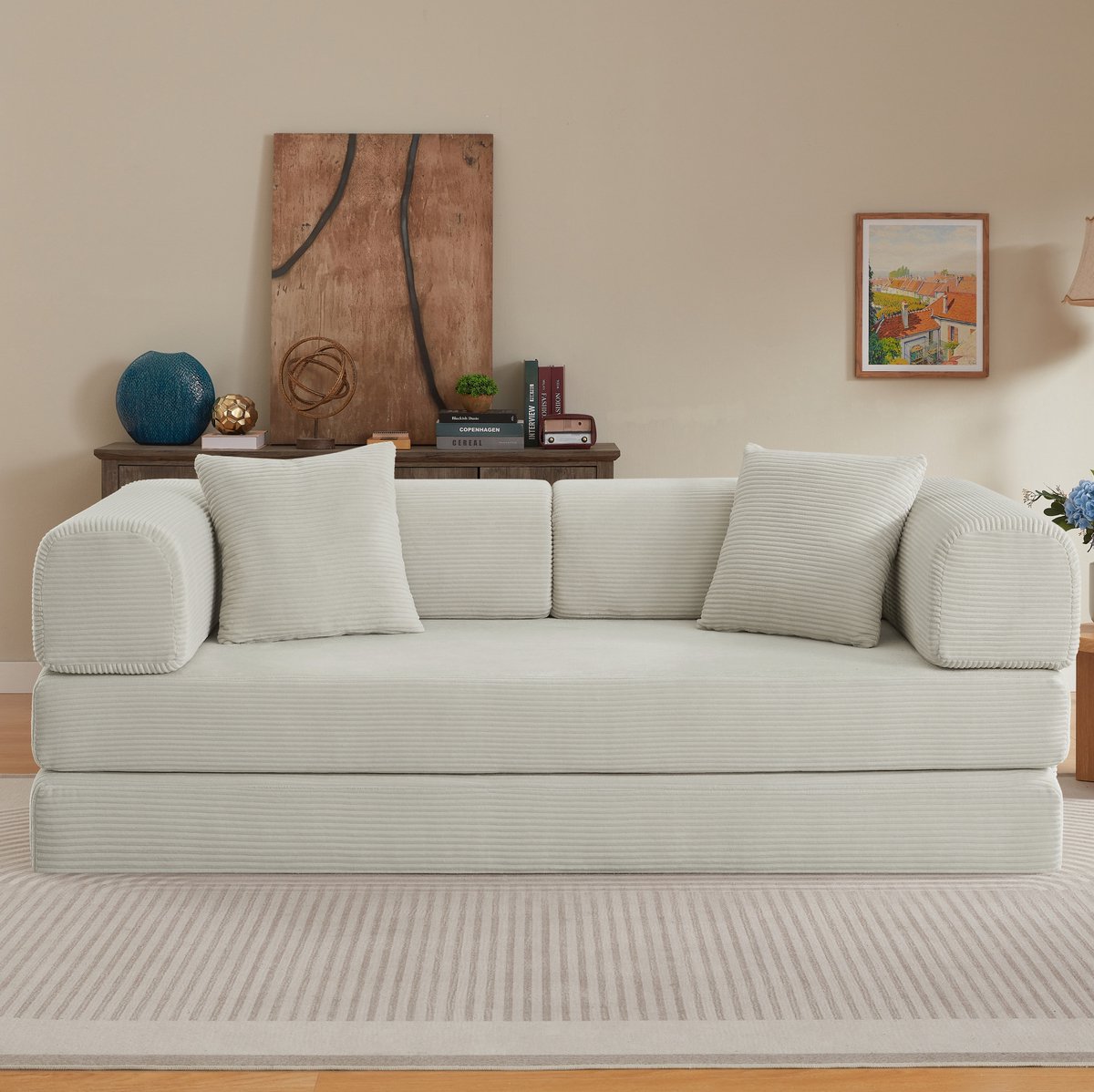 FloraGrace Slaapbank 3-Zits - Opvouwbaar Naar Bed Met 2 Kussens En Stevig Staalframe - Voor Woonkamer En Logeerkamer - Ribstof - Beige