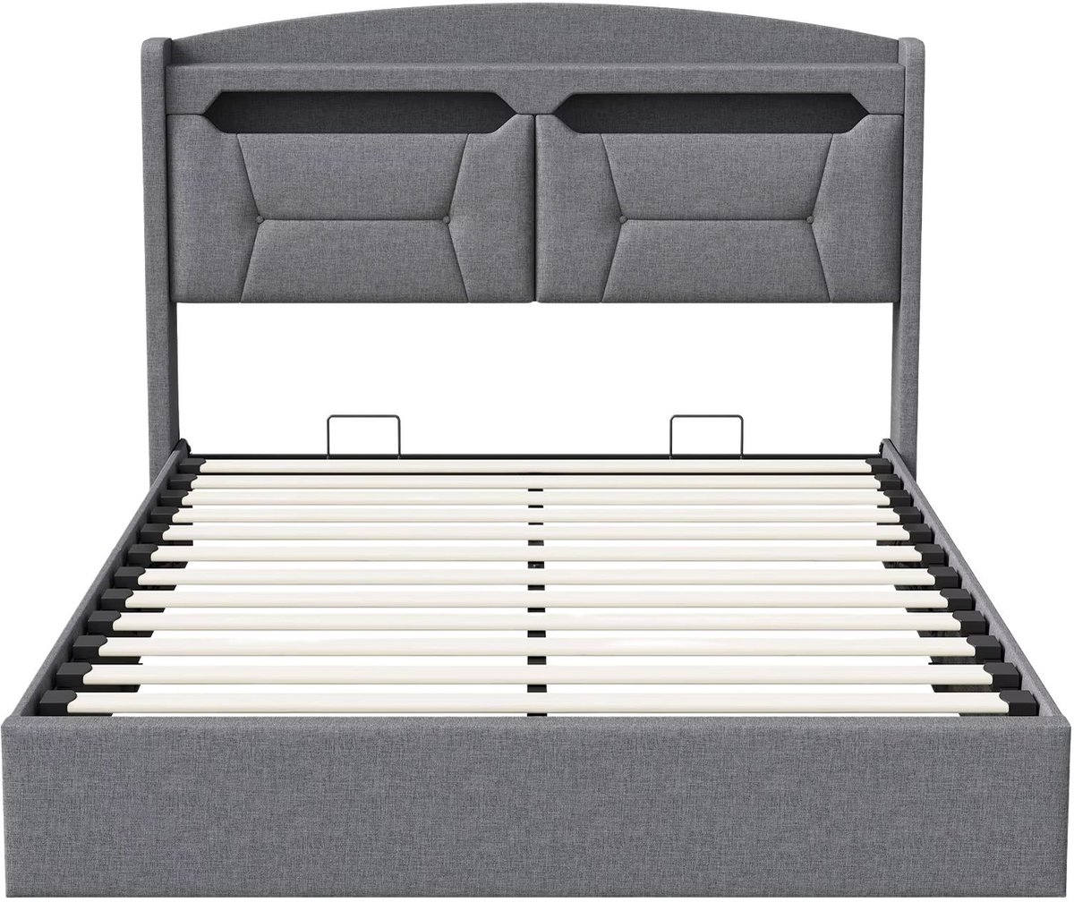 Happiq Gestoffeerd Tweepersoonsbed 140x190 cm Lichtgrijs - met LED Verlichting, Oplaadstation