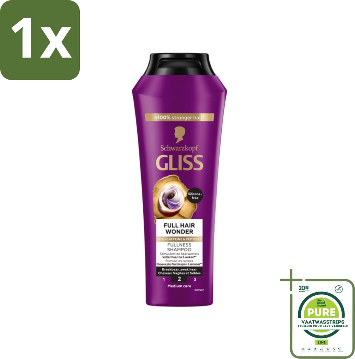 1 x Gliss Shampoo Full Hair Wonder - 250 ml - Haarversterkend Shampoo - Volume Voor Dun Haar - Biotine Shampoo - Peptiden Voor Haar - Gezond Haar