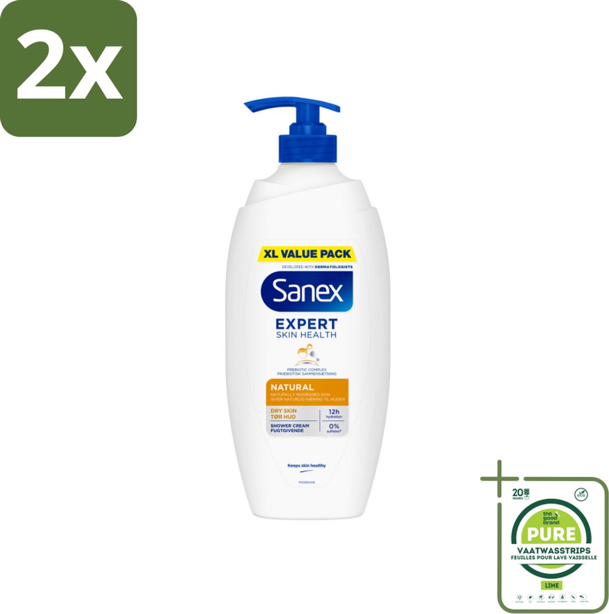 Sanex – Douchecrème – Expert Skin Health Naturals – 750 ml - Voordeelverpakking - 2 stuks - Gevoelige huid - Huidverzorging