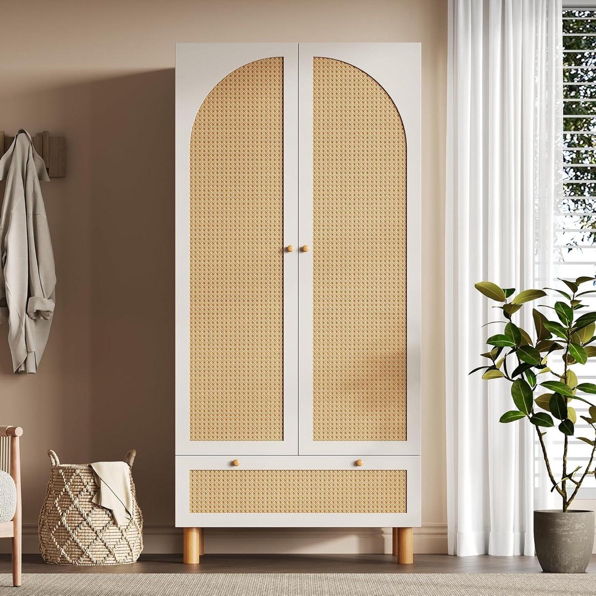 Kledingkast met Rotan - Garderobekast Slaapkamer - Kleding Opbergen - Landelijk Design - 180x85x52 cm - Wit