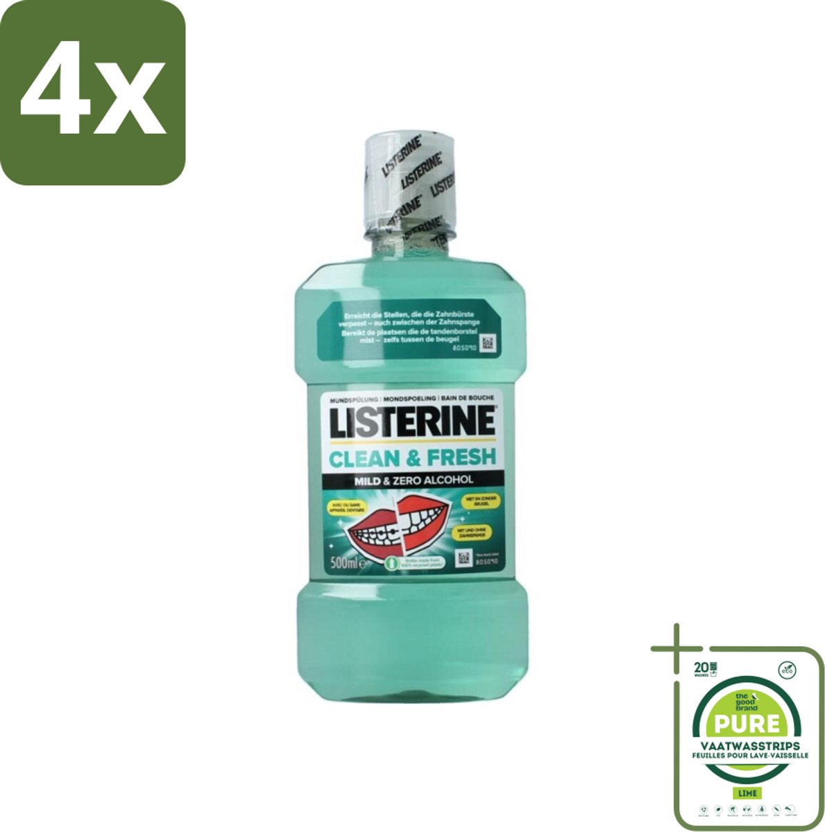 Listerine – Mondwater – Clean & Fresh – Zonder alcohol – 500 ml - Voordeelverpakking - 4 stuks - Mondspoeling - Mondhygiëne