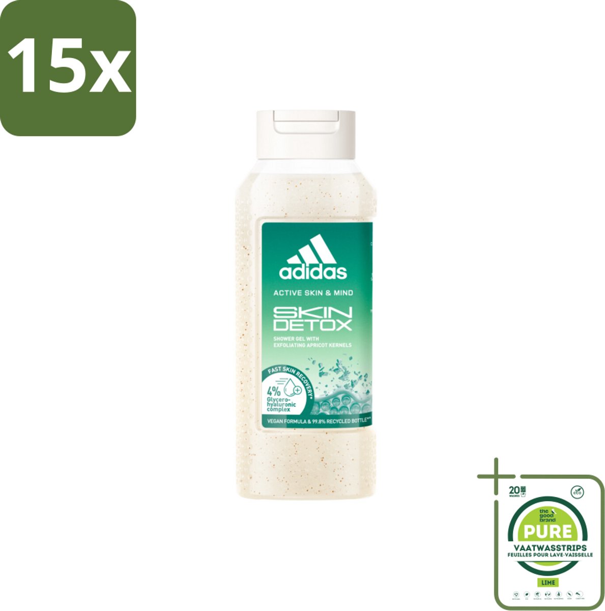 15 x Adidas – Douchegel – Active Skin & Mind Skin Detox – 250 ml - Grootverpakking - Douchegel - Huidverzorging - Detox - Exfoliatie - Abrikozenpit