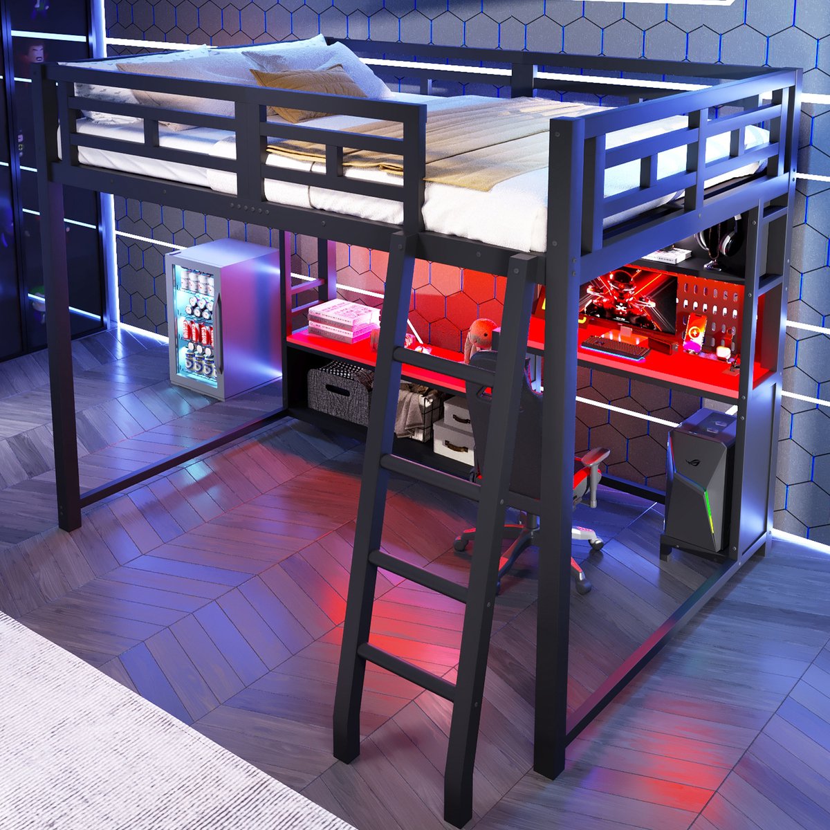 MIVRAY Hoogslaper 140x200cm Met Bureau En Opbergrekken Gaming Design Met LED Verlichting Metaal En MDF Zwart Zonder Matras