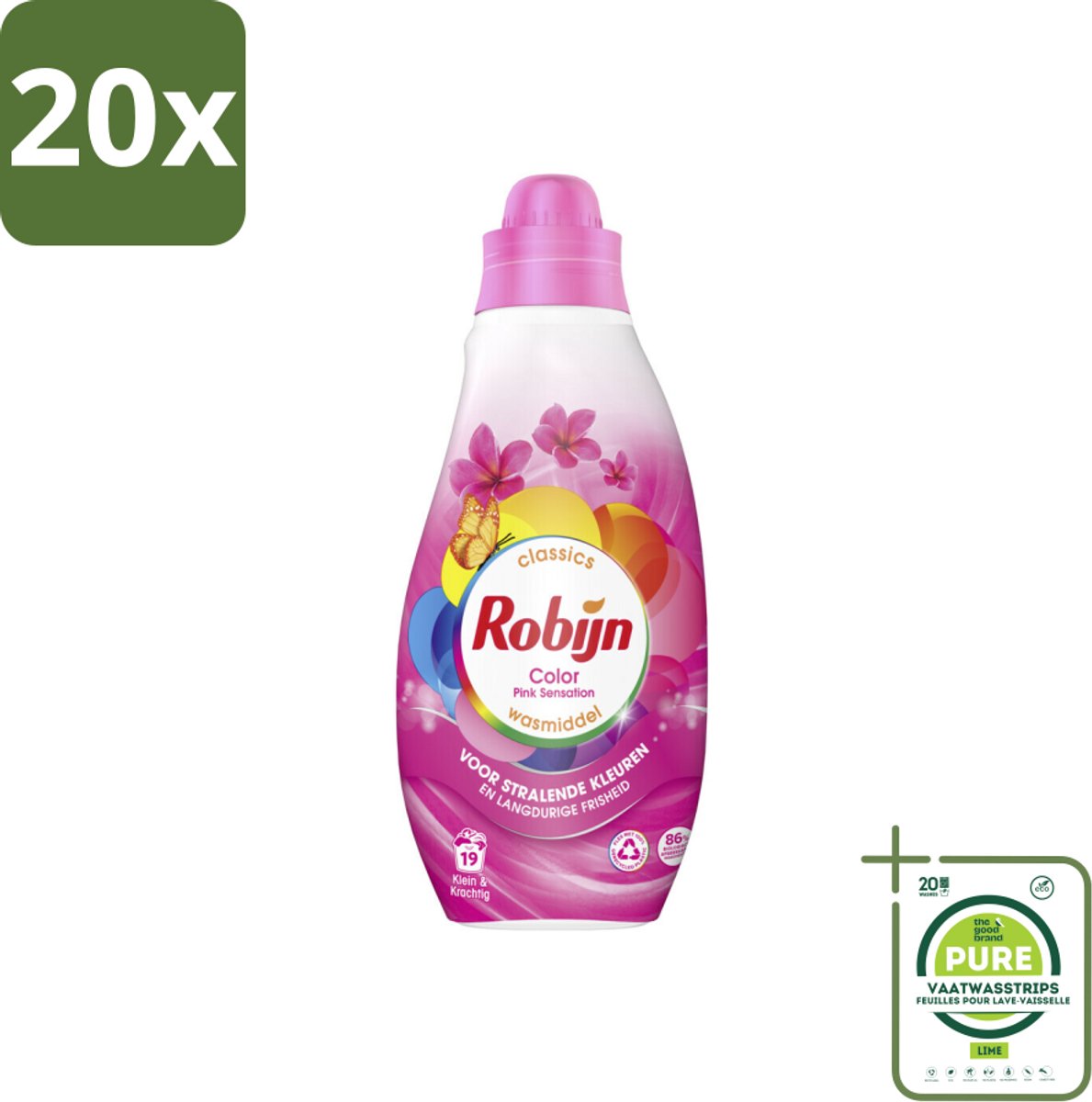 20 x Robijn - Klein & Krachtig Classics Color Pink Sensation - Vloeibaar Wasmiddel - 19 Wasbeurten - Grootverpakking - Wasmiddel - Gekleurde Was - Wasverzachter - Biologisch Afbreekbaar - Milieuvriendelijk