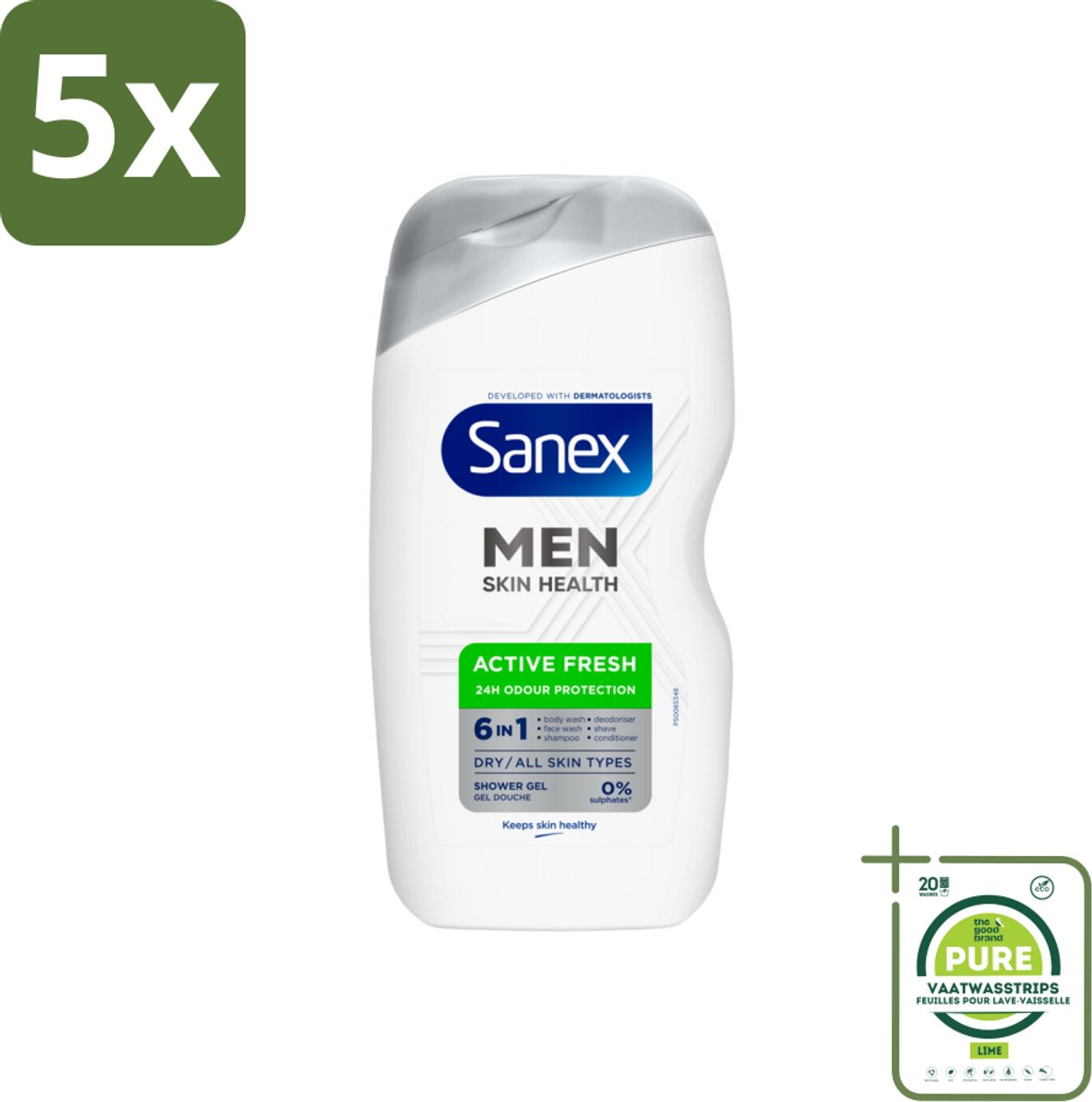 5 x Sanex – Douchegel – Men Active Fresh – 400 ml - Grootverpakking - Douchegel Voor Mannen - Frisheid - Geurcontrole - Huidverzorging - Scheergel
