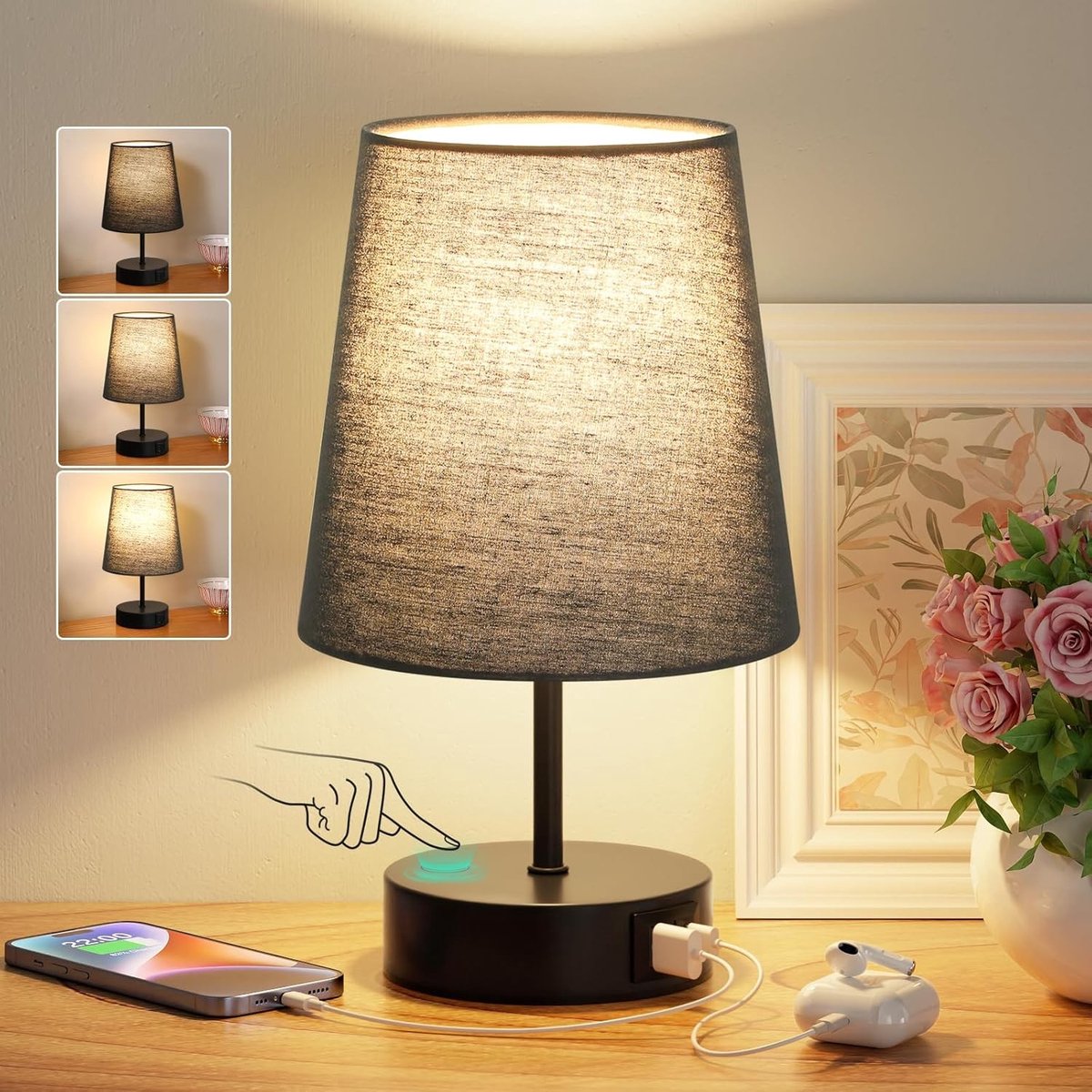 Bedlampje met USB-C en A - Zwart - Dimbaar - Kleine Tafellamp voor Slaapkamer en Kantoor