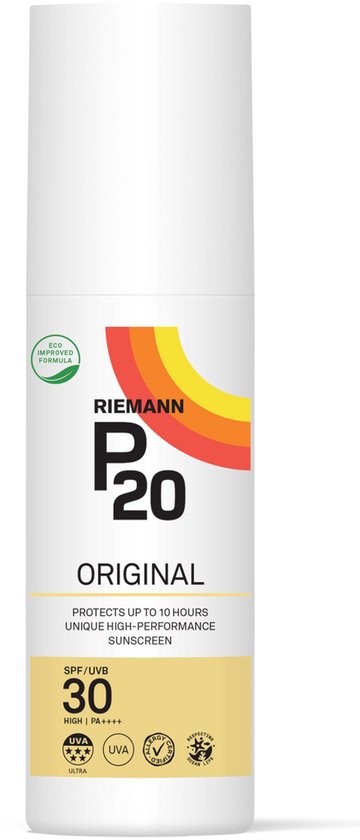 Witte flacon P20 Original zonnebrandcrème met SPF 30, UVA/UVB bescherming en "Eco Improved Formula" logo.