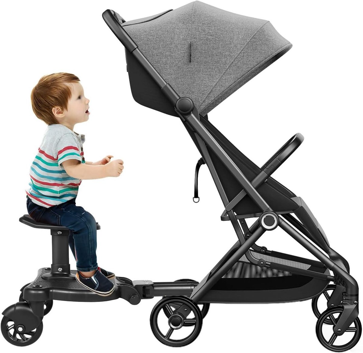 Meerijdplank met zitting - Kinderwagen board - Comfortabel reizen - Afneembare zitting - Tot 25 kg - Zwart