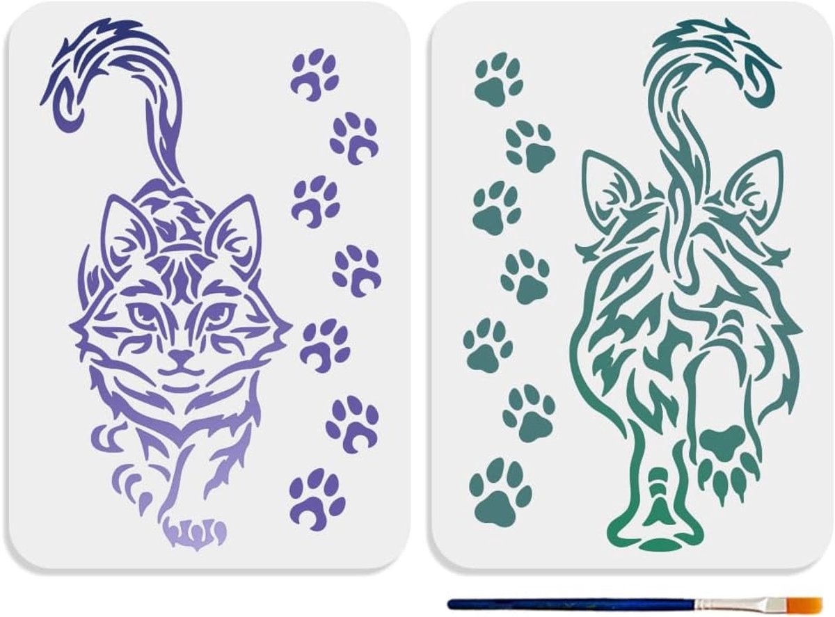 SnelShoppen - 2 Stuks Kat Stencils 29.7x21cm Herbruikbare Sjablonen voor Schilderen met Penseel - Kattenpootafdrukken en Kat Gezicht en Rug Patroon -