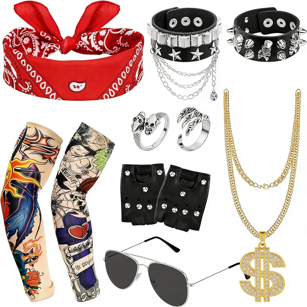 Punk Rock Star Kostuum Set voor Volwassenen - Accessoires voor Feesten, Carnaval en Theatrale Optredens in Stijl van de Jaren '70, '80 en '90