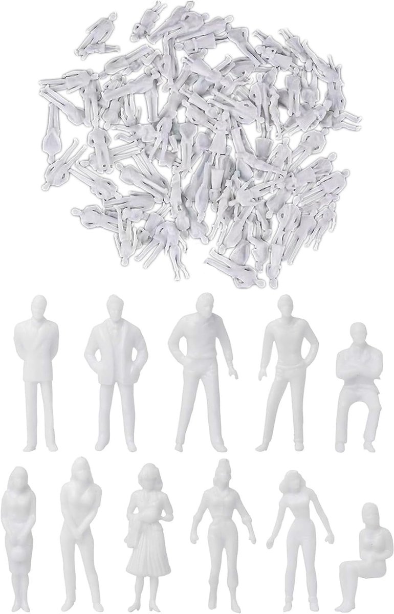 SnelShoppen - 100 Miniatuur Figuren 1:75 Schaal, Onbehandelde Witte Miniaturen in Diverse Posities voor Architectuurprojecten en Bonsai Decoratie