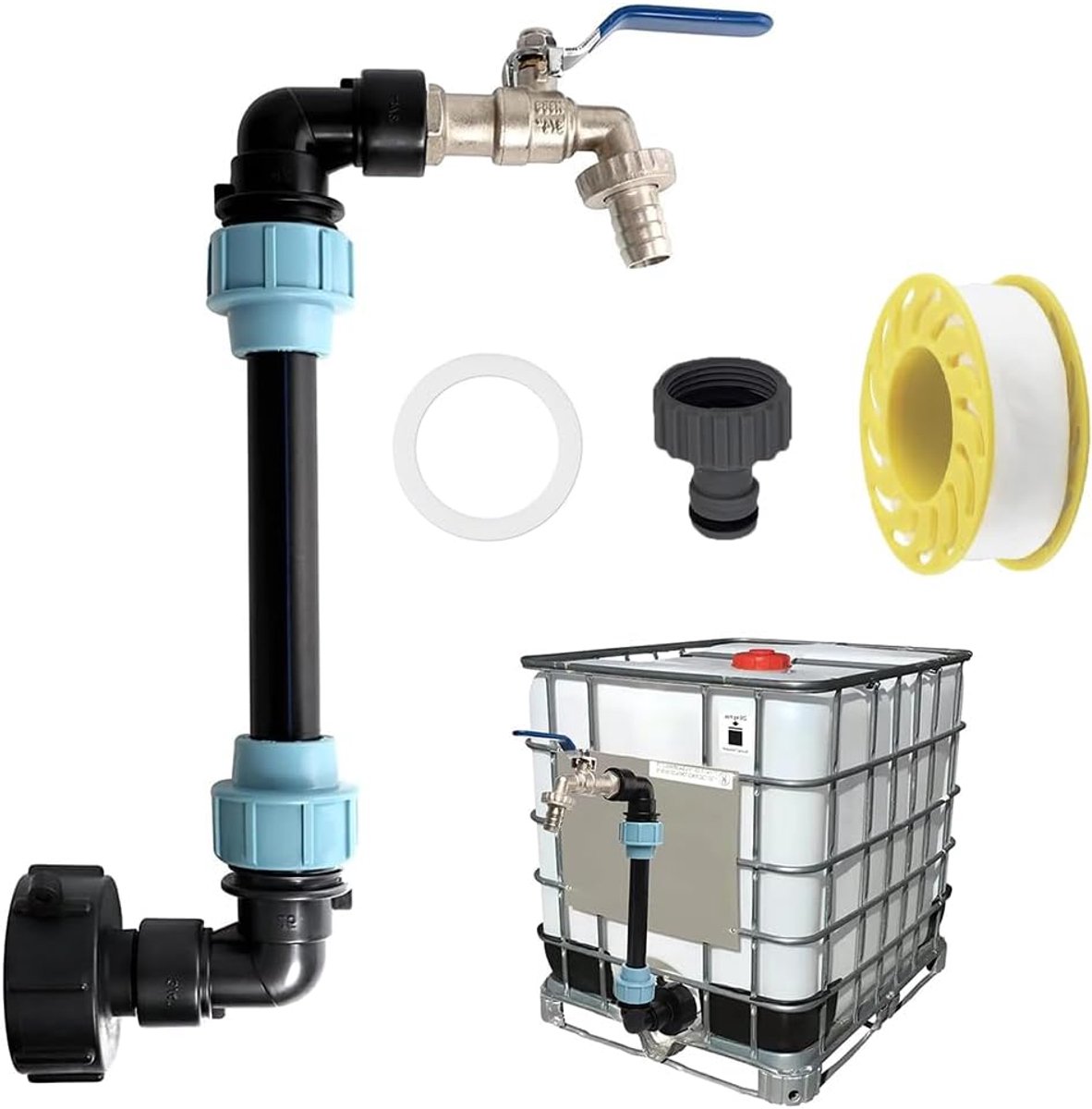 SnelShoppen - IBC Tank met Gooseneck 3/4 Inch Kraan, Regenwaterafvoer, Waterafvoer met S60 x 6 3/4 Inch Tap, IBC Adapter voor Tuin en Camping