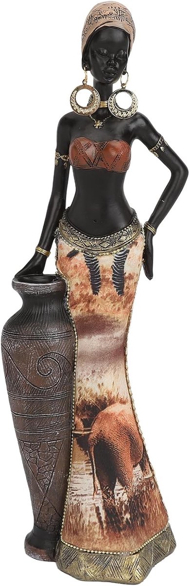 SnelShoppen - Vrouwelijke Sculptuur Hars Afrikaanse Beelden 30cm Tribale Dame Beeldje met Hoge Vaasje, Verzamelfiguren voor Planken, Tafels, Bureau, H