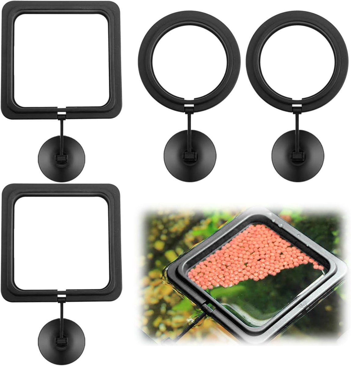 SnelShoppen - 4 Stuks Visvoer Dispenser, Voeder Ring, Aquarium Voeder, Voeder Dispenser, Vierkant en Rond, Zwart, Duurzaam ABS, 5.5 cm en 8 cm