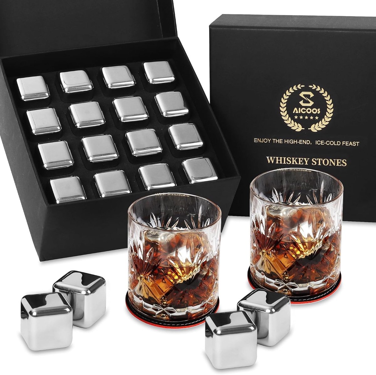 SnelShoppen - Herbruikbare RVS IJsblokjes Set - Perfect Cadeau voor Mannen en Vader - Grappige Whiskey Gift voor Volwassenen - 16 Stuks voor Verjaarda