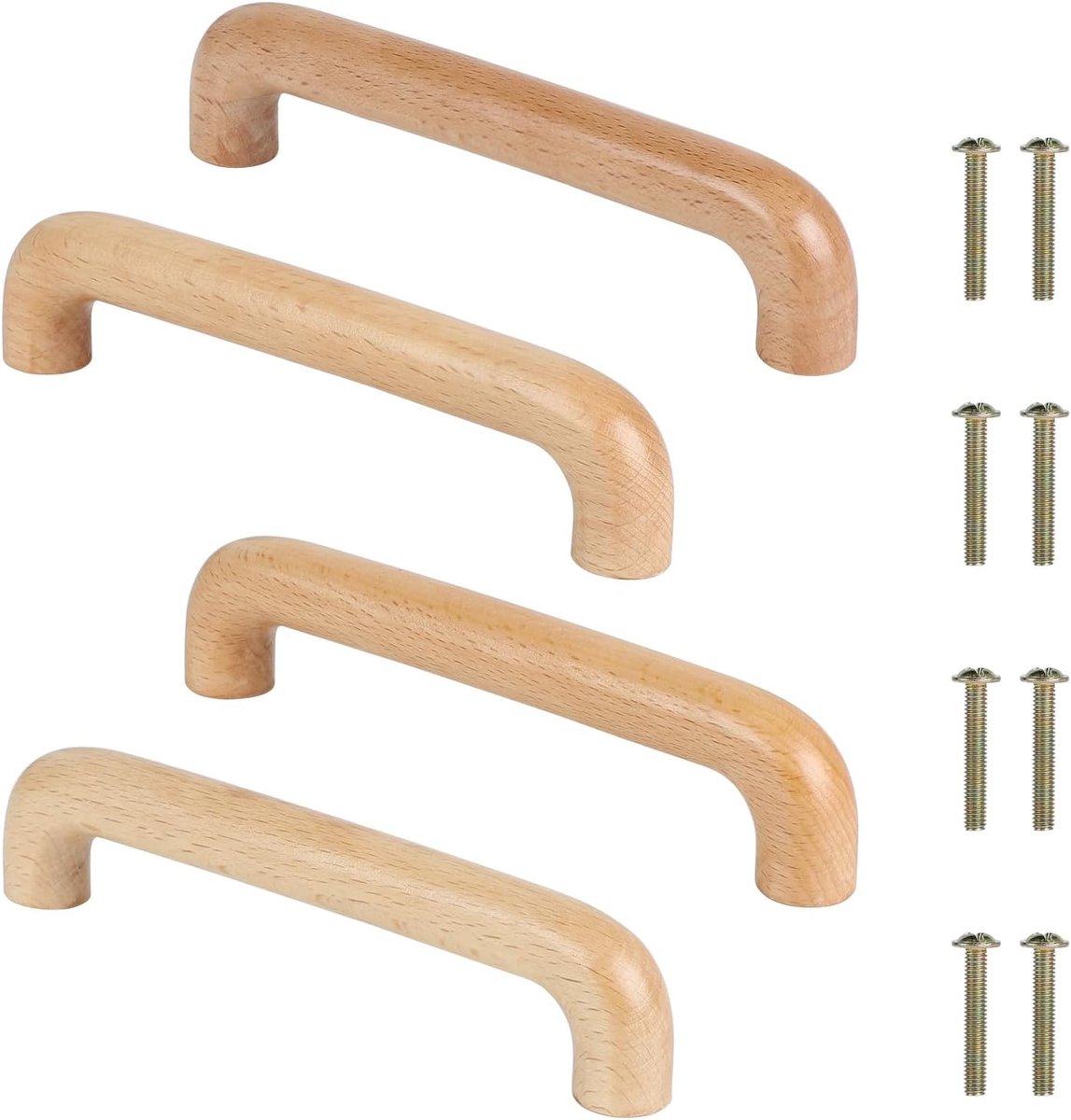 SnelShoppen - 4 Stuks Meubelhandvatten 128 mm, Houten Handgrepen voor Moderne Meubels, Keukenladen Knoppen met Schroeven, Gebogen Beukenhout
