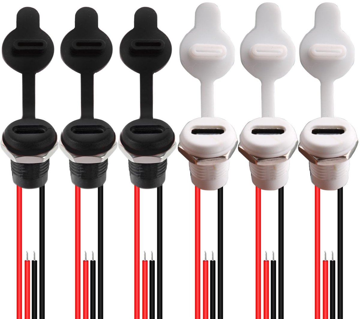 SnelShoppen - Pack van 6 Waterdichte USB-C Connectoren, 2-Draads Flush-Mounted Type C Connector, USB-C Aansluiting met Moer Bevestigingsplaat, Stofkap