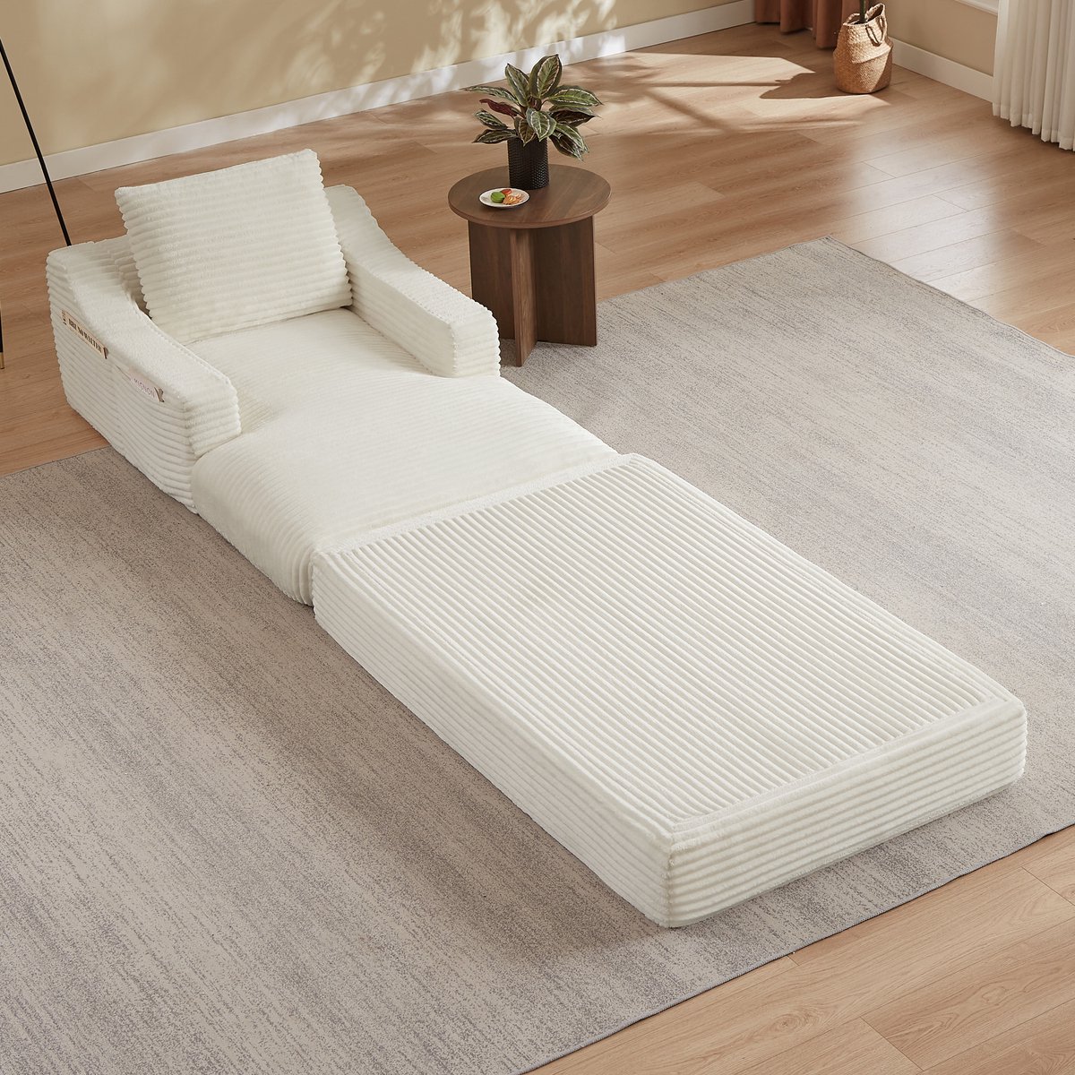 MEUNIQ zitzak loungestoel 160 x 100 x 85 cm met rugleuning en armleuningen, dubbel ontwerp uitklapbaar tot ligvlak, corduroy look ribstof, wit, voor woonkamer of slaapkamer