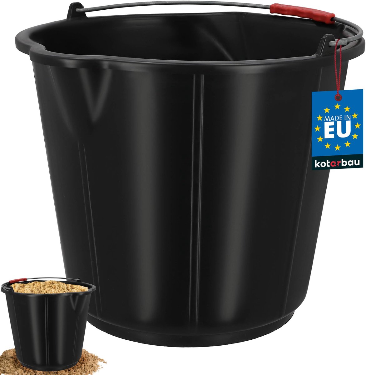 KOTARBAU® Bouwemmer 21 L - Mortelemmer - Emmer met Schenktuit - HDPE - Emmer met Schaalverdeling - en Handvat - Cementemmer - Betonemmer - Zwart