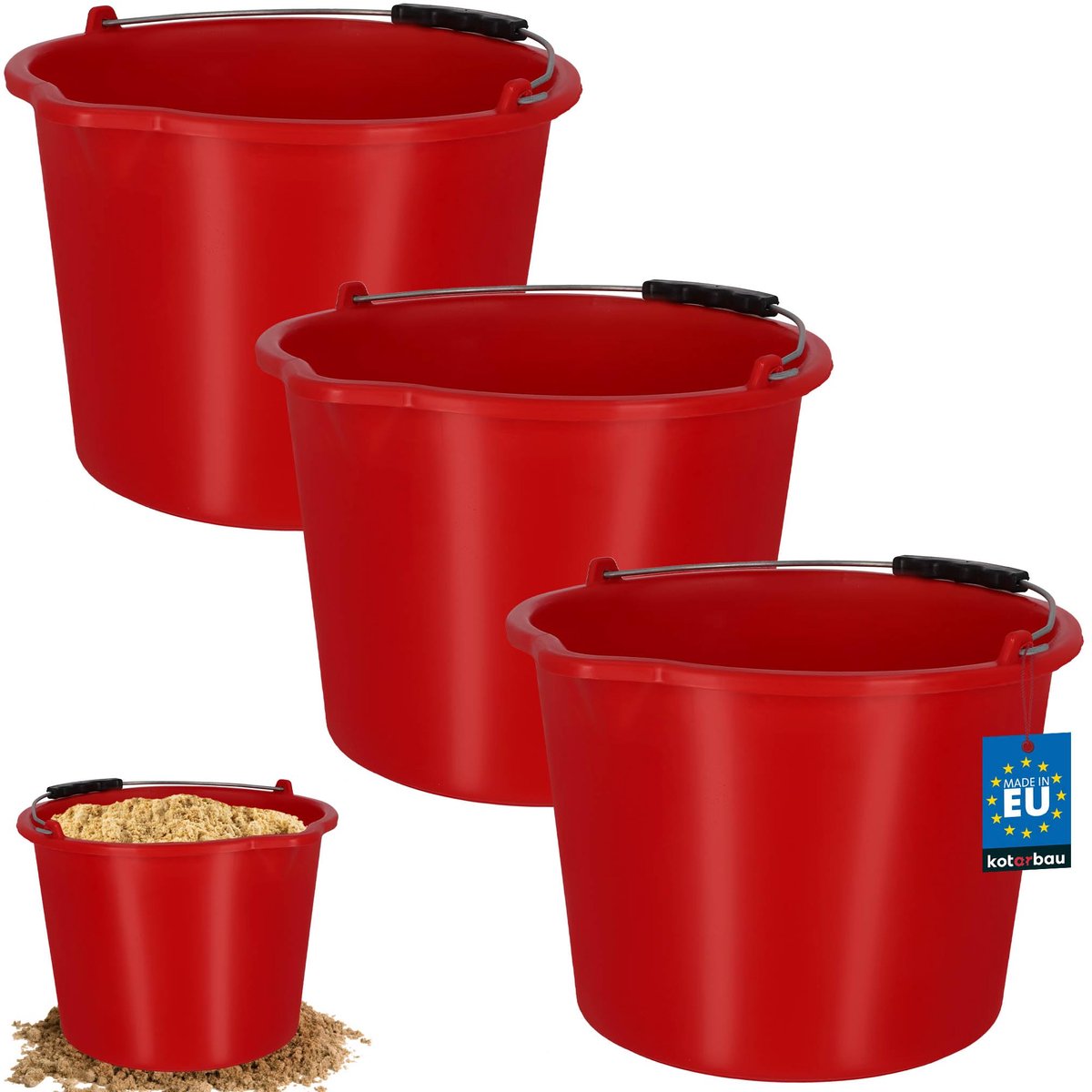 KOTARBAU® 3 Stuks - Bouwemme 12 L - Mortelemmer van Kunststof - Cementemmer - Emmer met Uitgiettuit en Handgreep - Emmer voor Bouwplaats - Rood